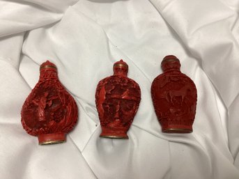 3 Carved Cinnabar Red Snuff Bottle Perfume, Signed