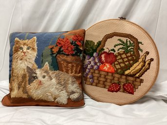 Cross Stitched Cat Pillow And Fruit Design