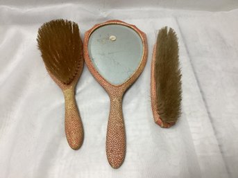 Antique Red Vanity Set - Brushes And Mirror