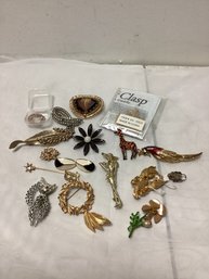 Vintage Brooch Lot - Enameled Trifari Clip On Earrings Included