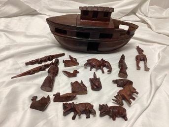 Hand Carved Noah's Ark With Animals