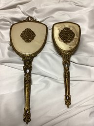 Brass Gold Gilt With Pearl Vanity Mirror Set