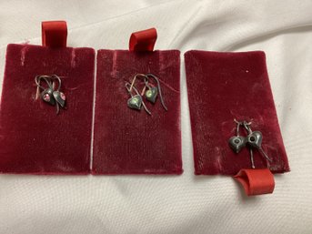 Antique Dangle Heart Sterling Silver Earrings - 3 Sets