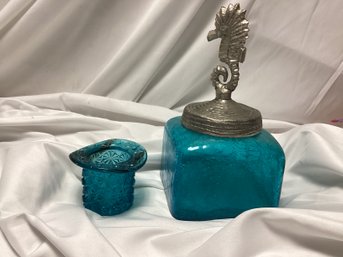 Blue Glass Daisy & Button Top Hat & Sea Horse Crackle Glass Lidded Jar
