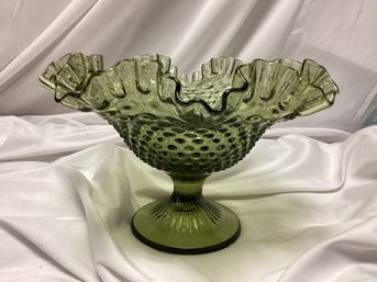 Fenton Ruffled Hobnail Green Glass Compote Bowl