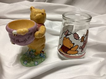 Walt Disney's Winnie The Pooh Porcelain Votive Holder And Welch's Glass Juice Cup