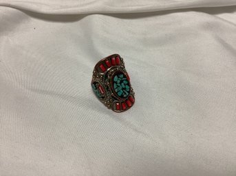 Turquoise And Coral Copper Coated Large Ring