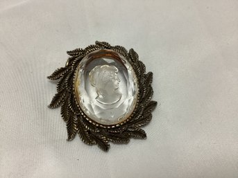 Reverse Intaglio Clear Glass Cameo Brooch