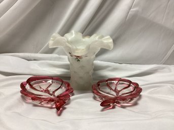 Fenton Ruffled Vase And Pressed Clear Glass Cranberry Dishes
