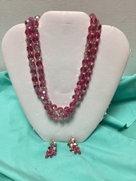 Vintage Fuchsia Aurora Borealis Glass Bead Set Necklace & Clip On Earrings