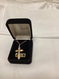 14K Gold Filled Creed Cross With Genuine Diamond Necklace And Pendant