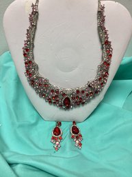 Australian Red Crystal Silver-tone Cluster Flower Teardrop Necklace And Pierced Earrings