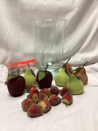 Vintage Sugar Beaded Artificial Fruits Wtih Vase And Glass Fillers