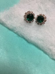 Stunning Emerald Like Stone With Rhinestone Vintage Pierced Earrings