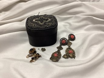 Various Earrings Lot With Beaded Box