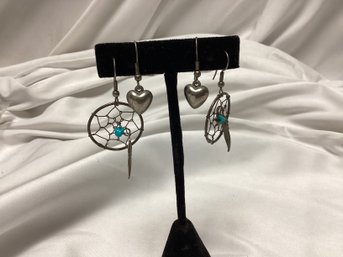 Sterling Silver Dreamcatcher Earrings And Dangle Heart Earrings