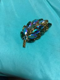 Peacock Blue, Emerald, And Peridot Rhinestone Brooch