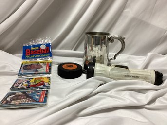 Eastern Airlines Flashlight, Hockey Puck, Donruss Baseball Cars, Pewter Cup