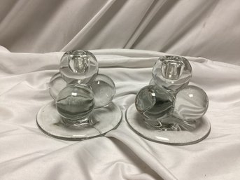 Pair Of MCM Crystal Glass Round Candleholders