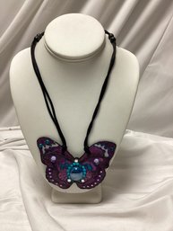 Vintage Beaded Butterfly Necklace With Satin Rope