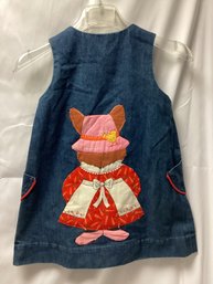 Vintage Hand Made Childs Bunny On Denim Dress