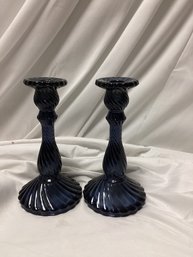 Vintage Blue Twisted Glass Candleholders