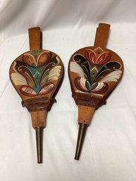 Pair Of 1920s Chicago Fireplace Painted Wood Leather Bellows
