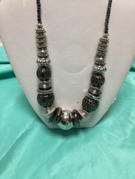 Large Silver Tone & Gunmetal Beaded Statement Necklace