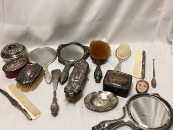 Antique Silver Plated Vanity Pieces - Mirror, Brushes, Combs, And More