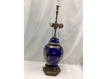 Gorgeous Blue Hand Painted And Brass Lamp W/crystal Top