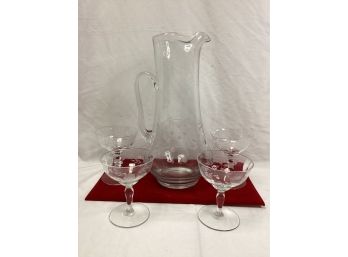 Princess House Heritage Etched Pitcher And Floral Etched Cocktail Glasses