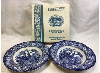 Liberty Blue Dinner Soups With Rim - Old North Church In Original Box - Set Of 2