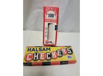 Halsam Checkers And Vintage Cards/poker Chips Lot