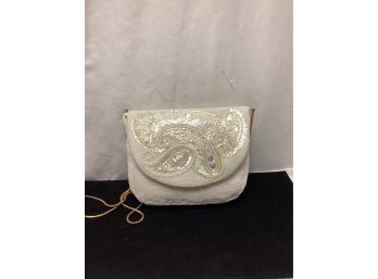 Vintage White Beaded Purse W/gold Tone Strap