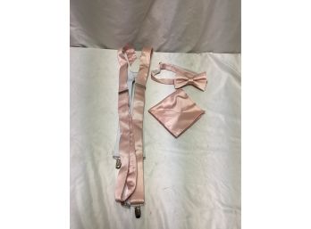 Pink Satin Suspenders, Necktie, And Handkerchief