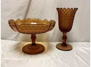 Westmoreland Amber Diamond Cut Sawtooth Goblet And Amber Glass Pedestal Bowl