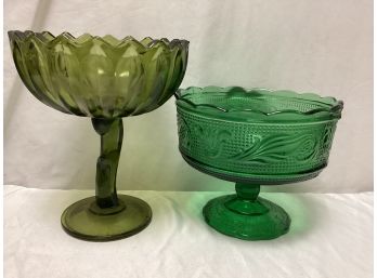 Two Green Carnival Glass Pedestal Bowls