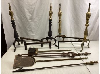 Fireplace Andirons Regency Style - 2 Sets With Fireplace Tools