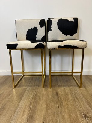 NEW! Modshop Pair Of Cowhide Stools With Brass Base