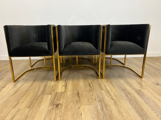 NEW! Modshop Set Of 6 Black Velvet Dining Barrell Chairs With Brass Frame