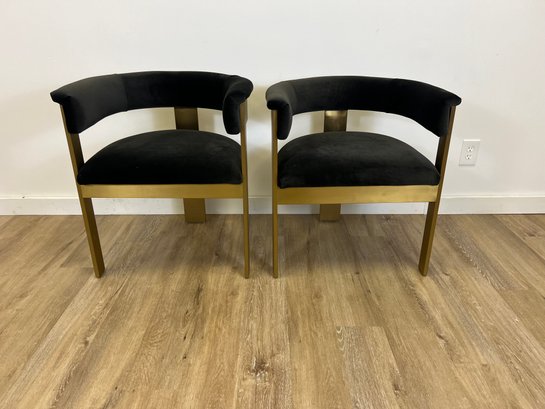 NEW! Modshop Pair Of Black Velvet Barrell Chairs With Brass Frame