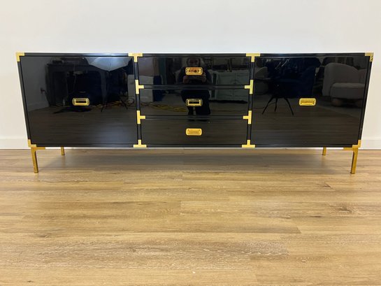 NEW! Black Lacquer Console Table With Brass Hardware And Frame