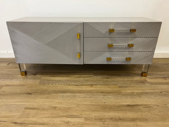New! Modshop Modern Gray Credenza With Lucite And Brass Hardware
