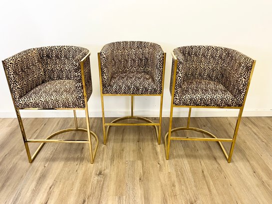 New! Modshop Set Of 3 Lisbon Stools In Leopard Print Cowhide With Brass Base