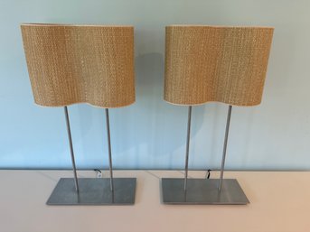 Pair Of Woven Rattan And Chrome Lamps