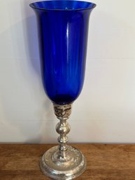 Antique Silver And Cobalt Hurricane Candle Holder