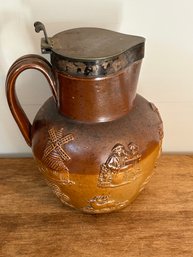 English 19th Century Salt Glaze Pitcher With Metal Top