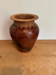Indonesian Terracotta & Woven Rattan Top Vase