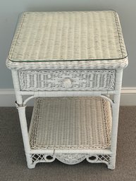 White Wicker Night Stand With Glass Top