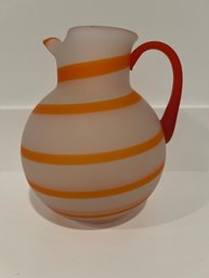 Frosted Glass Orange Swirl Pitcher With Red Handle